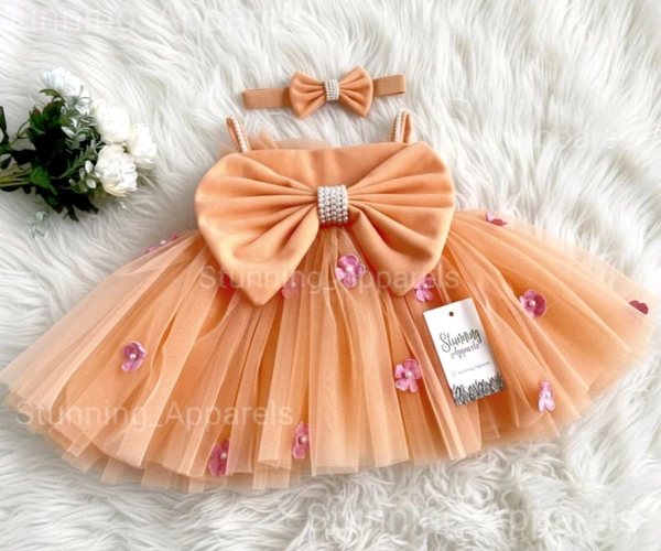 Pink Flower Work Strapped Neon Orange Dress  - 3-4 Years