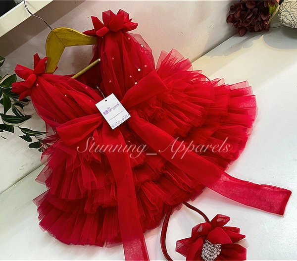 Shoulder Flower Work Layered Red Dress  - 6-9 Month
