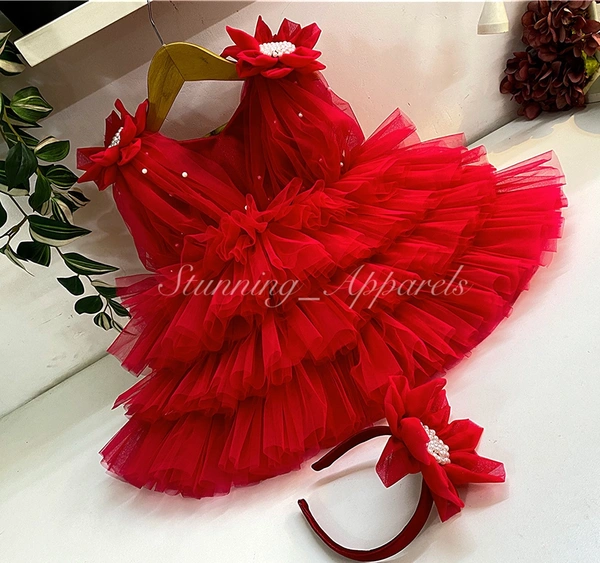 Shoulder Flower Work Layered Red Dress  - 2-3 Years