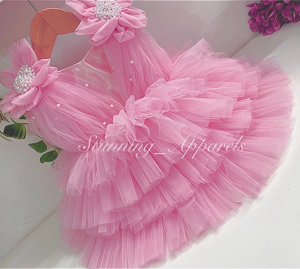 Shoulder Flower Work Layered Baby Pink Dress  - 6-9 Month