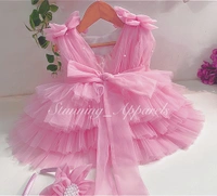 Shoulder Flower Work Layered Baby Pink Dress  - 6-9 Month