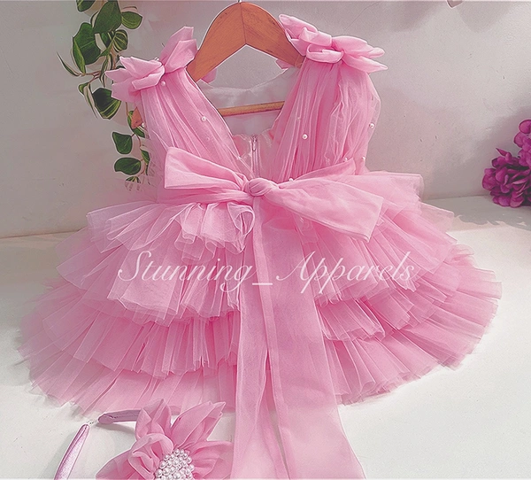 Shoulder Flower Work Layered Baby Pink Dress  - 6-9 Month