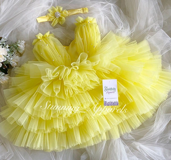 Shoukder Flower Work Layered Yellow Dress  - 3-6 Month
