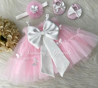 White Butterfly Work Cure Baby Pink Umbrella Dress  - 2-3 Years