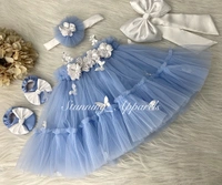 White Butterfly Work Pastel Blue Umbrella Dress  - 6-9 Month