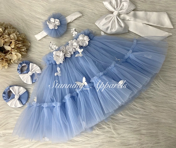 White Butterfly Work Pastel Blue Umbrella Dress  - 6-9 Month