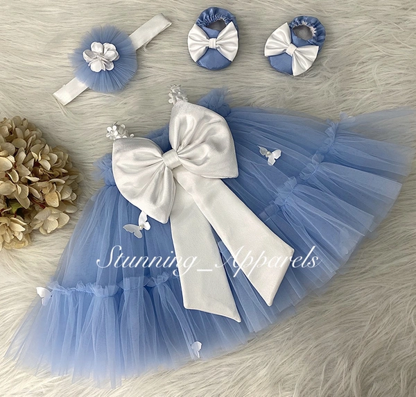White Butterfly Work Pastel Blue Umbrella Dress  - 3-4 Years ( Shoes Not Available )