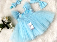 Sky Blue Sequins Big Bow Sky Blue Dress  - 2-3 Years