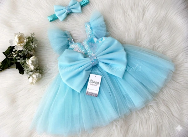Sky Blue Sequins Big Bow Sky Blue Dress  - 3-4 Ywears