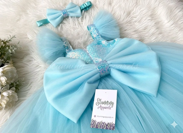 Sky Blue Sequins Big Bow Sky Blue Dress  - 4-3 Years