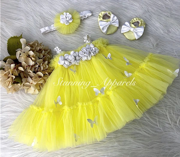 White Butterfly Flower Work Yellow Umbrella Dress  - 0-3 Month