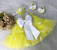 White Butterfly Flower Work Yellow Umbrella Dress  - 9-12 Month
