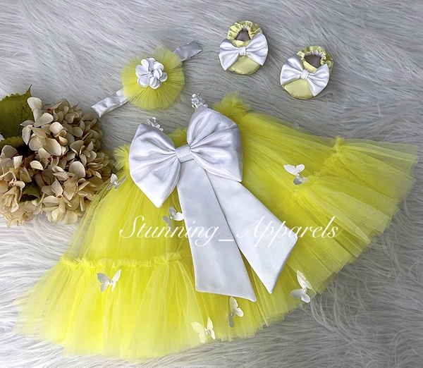 White Butterfly Flower Work Yellow Umbrella Dress  - 9-12 Month