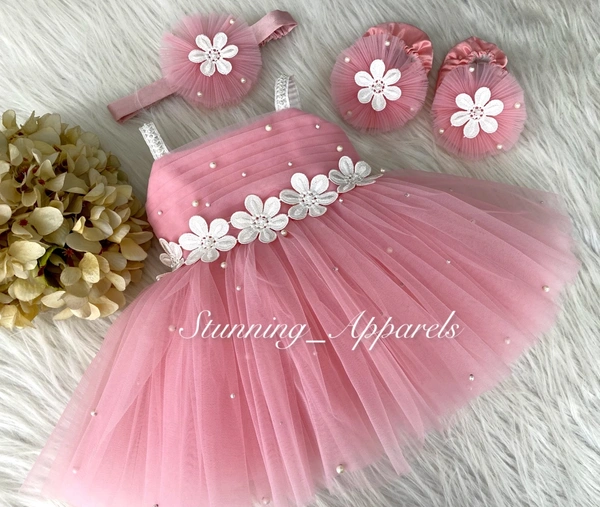 White Flower Eork Cute Peach Dress  - 3-6 Month