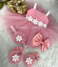 White Flower Eork Cute Peach Dress  - 9-12 Month