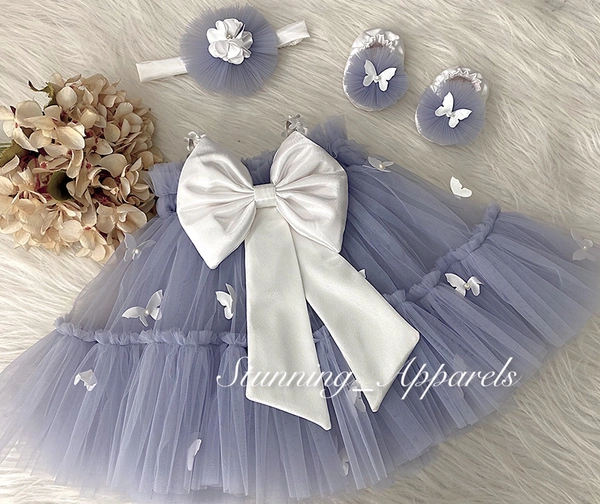 White Flower and Butterfly  Work Gray Dress   - 0-3 Month