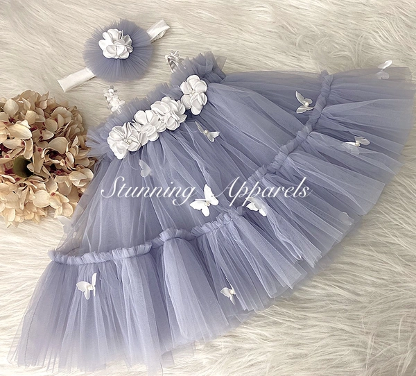 White Flower and Butterfly  Work Gray Dress   - 1-2 Years