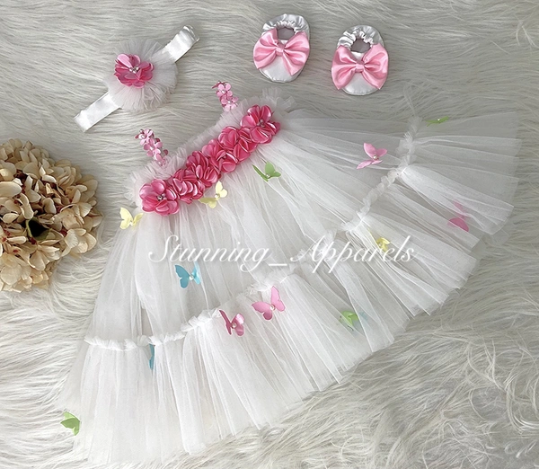 Pink Butterfly And Flower Work White Dress  - 3-6 Month