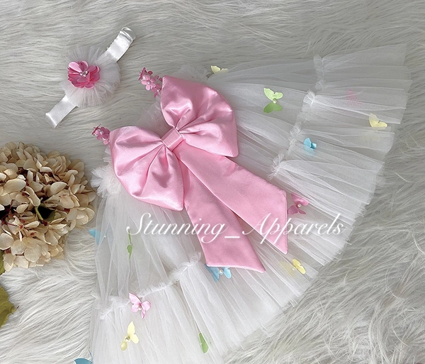 Pink Butterfly And Flower Work White Dress  - 1-2 Years