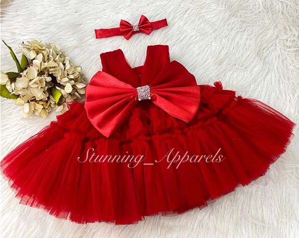 Designer Neckline Hand Work Ruffled Red Dress  - 6-9 Month