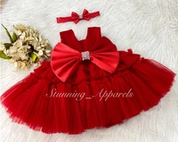 Designer Neckline Hand Work Ruffled Red Dress  - 1-2 Years