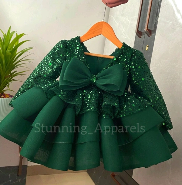 Designer Long Sleeves Beads Sequins Party Wear Dark Green Dress  - 9-12 Month