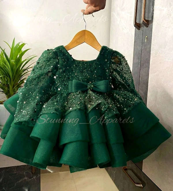 Designer Long Sleeves Beads Sequins Party Wear Dark Green Dress  - 1-2 Years