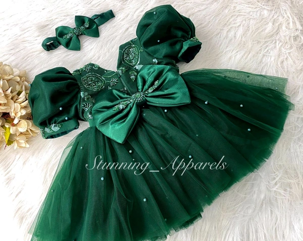 Stunning Hand Work Party Wear Green Dress  - 1-2 Years