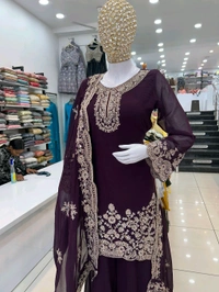 Mukhi Sharara Suit - Wine, Free Alterations Call 9988185110, Free Size Upto XL