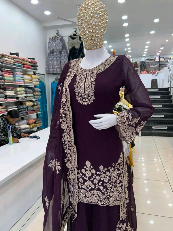 Mukhi Sharara Suit - Wine, Free Alterations Call 9988185110, Free Size Upto XL