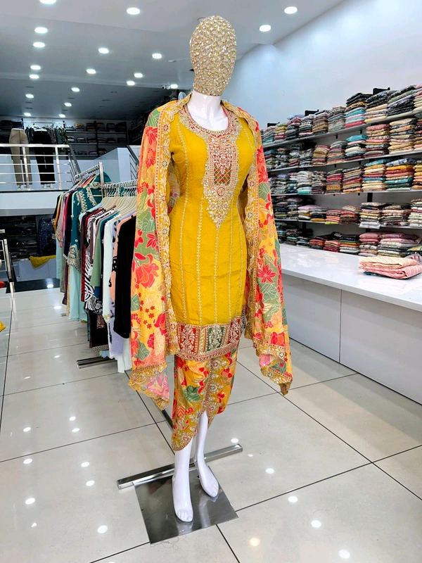 Mukhi Pakistani Tulip Suit  - Web Orange, L, Free Alterations Call 9988185110