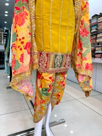 Mukhi Pakistani Tulip Suit  - Web Orange, L, Free Alterations Call 9988185110