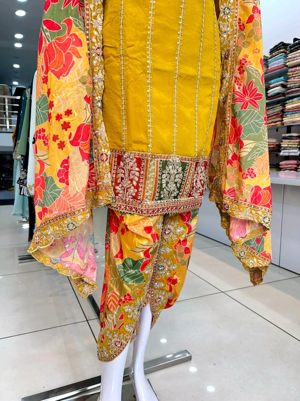 Mukhi Pakistani Tulip Suit  - Web Orange, L, Free Alterations Call 9988185110