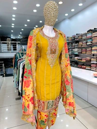 Mukhi Pakistani Tulip Suit  - Web Orange, L, Free Alterations Call 9988185110