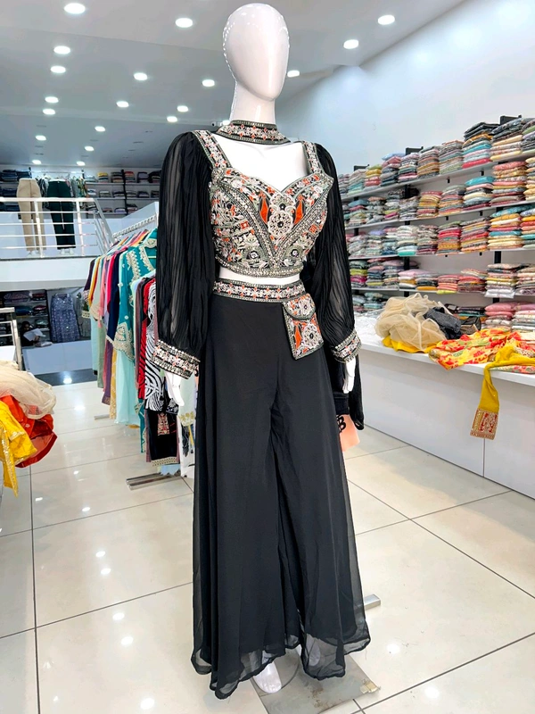 Mukhi Crop Top Sharara  - Black, Free Alterations Call 9988185110, Free Size Upto XL