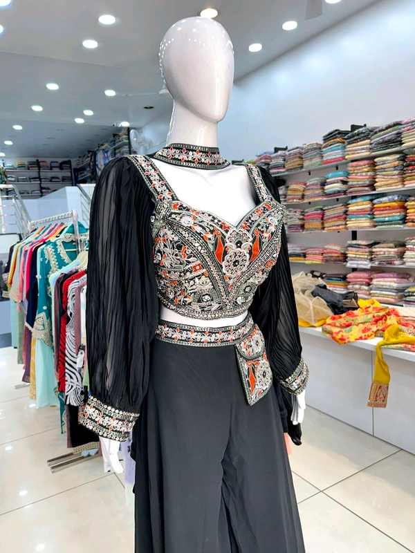 Mukhi Crop Top Sharara  - Black, Free Alterations Call 9988185110, Free Size Upto XL