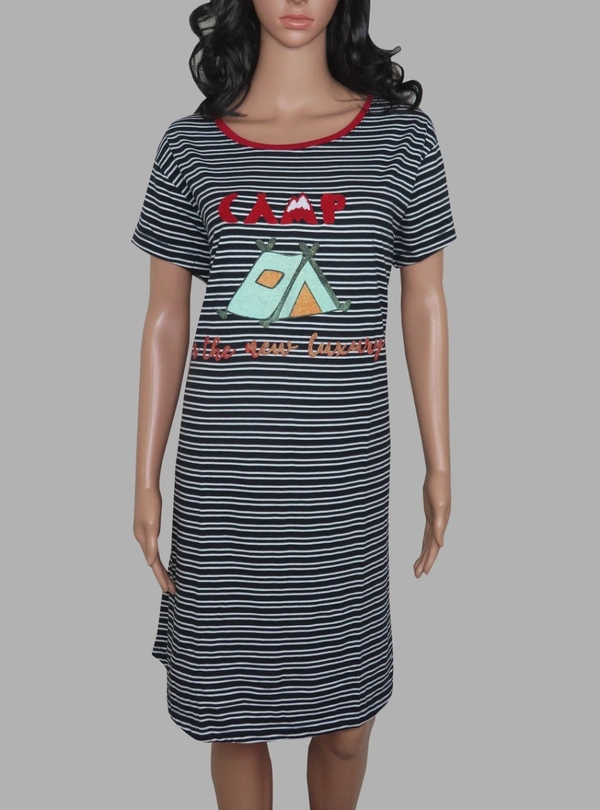 #W12339A1 Shyla SHYLA STRIPED NIGHT SHIRT - 9A1 - Black / White Striped, L