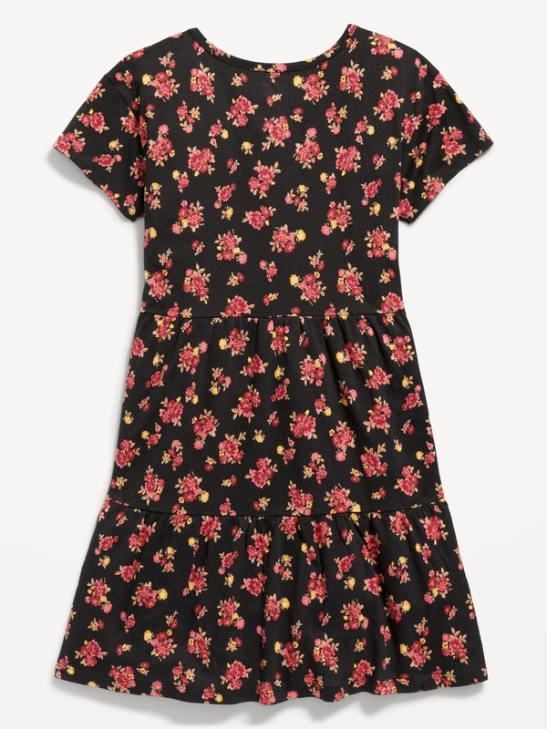 #JG21034D1 OLD NAVY (Label Masked) OLD NAVY GIRLS PRINTED KNIT DRESS - 4D1 - Black/Rose AOP, 6/7 Years