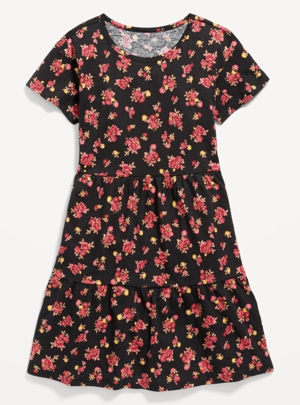 #JG21034D1 OLD NAVY (Label Masked) OLD NAVY GIRLS PRINTED KNIT DRESS - 4D1 - Black/Rose AOP, 6/7 Years