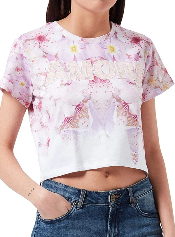 #W11884A3 Desigual  DESIGUAL LADIES PRINTED CROP TOP - 4A3 - White AOP, XS