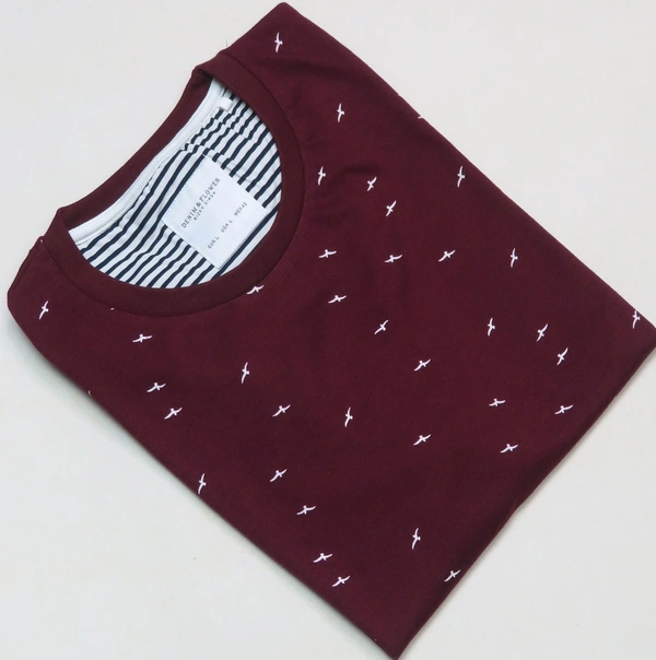 #M10133D3  Denin& Flower Printed  Tshirt  - Maroon Aop, XL