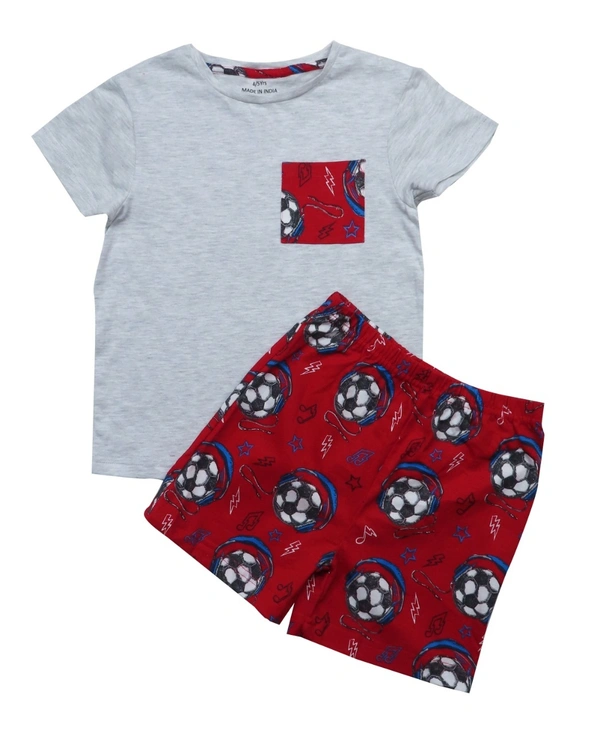 #B14803 George  BOYS PRINTED SHORTY SET 803 - Grey Melange T shirt / Red AOP shorts, 5/6 Years