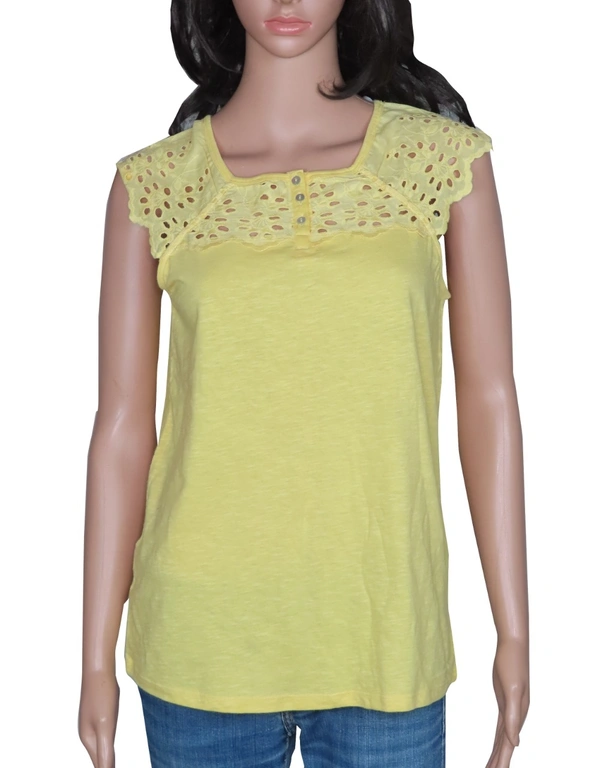 #W11827RB1 CLOCK HOUSE LADIES CAP SLEEVE CROCHET TSHIRT  RB1 - Yellow, L