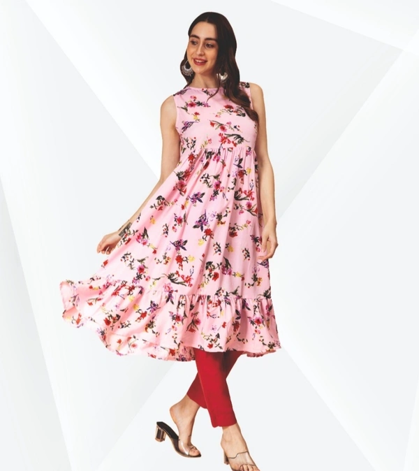#FBKR0129 Fanclub  Viscose Blend Floral Printed Flared Kurta For Women 129 - Light Pink, M