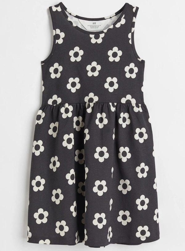 #G21264F2 H&M (Label Mutilated) H&M GIRLS PRINTED KNIT  DRESS 4F2 - Black/Floral AOP, 3-4y