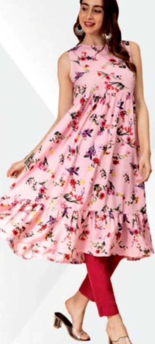 #FBKRO129 FABCLUB  Viscose Blend Floral Printed Flared Kurta For Women  129 - Light pink, XXL