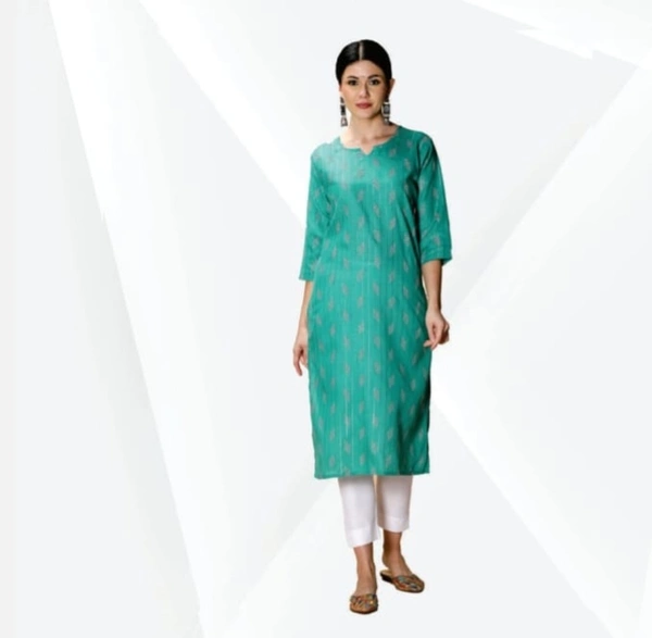 #FBKR0116 FABCLUB  Cotton  Slub Printed Calf Lenghth Straight Kurti For Women  116 - Turquoise, L