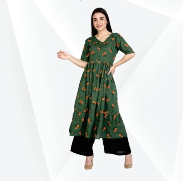 #FBKR0101 FABCLUB  Cotton Floral Print Calf Length Flared/Frock For Women   101 - Green, XL