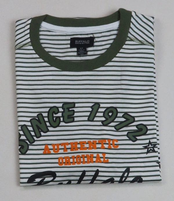 #M10148C1 BUFFALO DAVID BUTTON  BUFFALO STRIPED N PRINTED T SHIRT 8C1 - White/ Green Striped, S