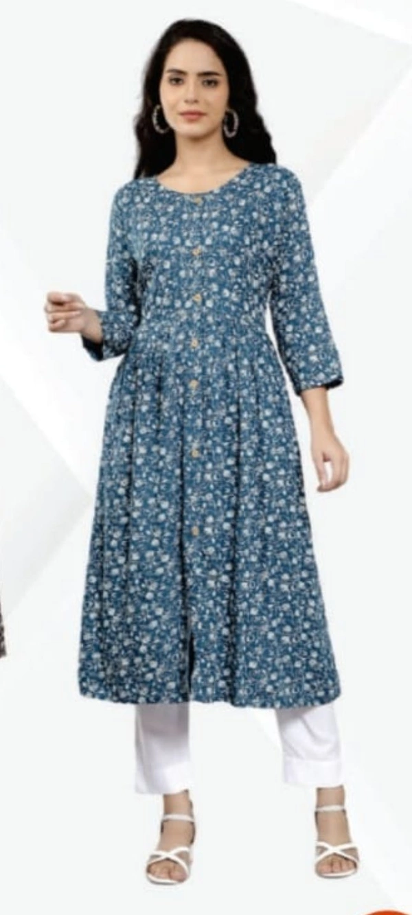 #FBKR0121 FABCLUB  RAYON  PRINTED FLARED KURTI FOR WOMEN  121 - M, Grey Blue